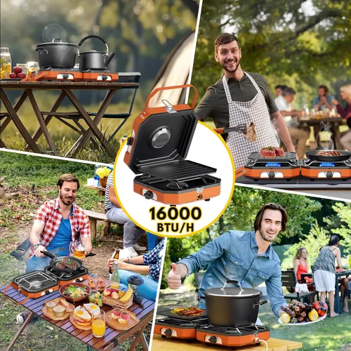 Vista 9 de Estufa de popane ajustable de 2 quemadores con 16000 BTU, protección contra llamas, con parrilla de campamento y bolsa de transporte, estufa
