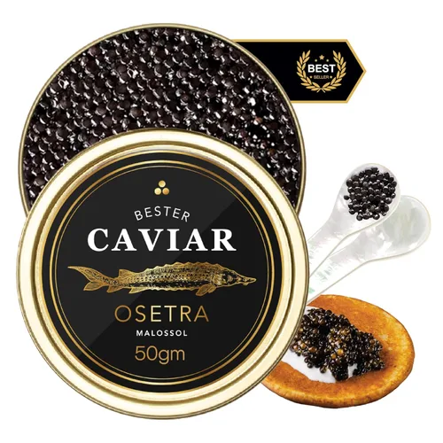Vista 10 de BESTER CAVIAR Caviar de esturión Osetra prémium – Huevas negras de Malossol Ossetra cosechadas tradicionalmente con cuchara de nácar – Lata