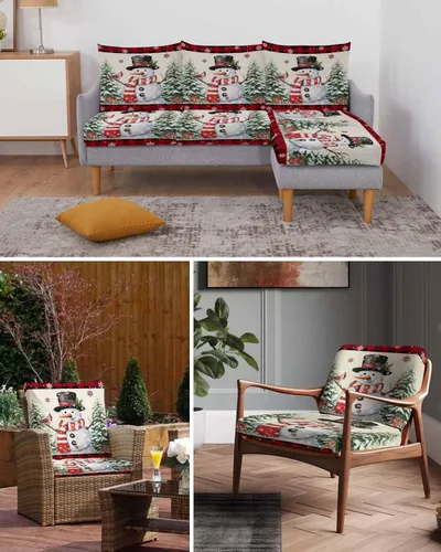 Vista 7 de Christmas Snowman Couch Cushion Covers, Stretch Sofa Cover with Elastic Bottom, Xmas Tree Birds Berry Snowflake Red Black Plaid Sofa Slipcovers