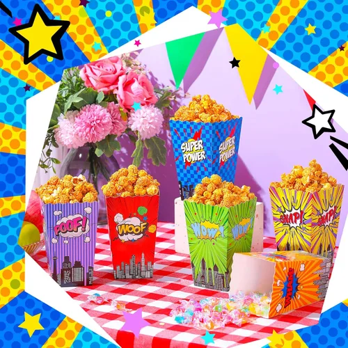 Vista 3 de TaoBary 24 cajas de palomitas de maíz, regalos de fiesta de héroe, suministros de decoración con temática de héroe, caja de golosinas, caja