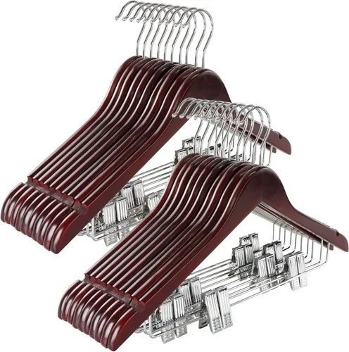 Vista 11 de TOPIA HANGER Perchas de madera para trajes con clips de metal ajustables (paquete de 10), perchas de ropa de madera maciza, gancho giratorio