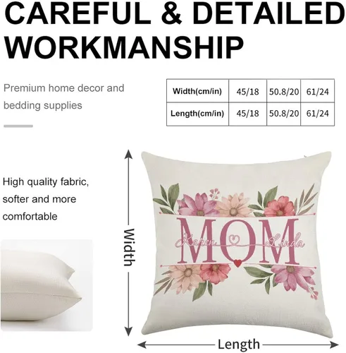 Vista 3 de Custom Pillow with Name,Printed in USA,18"x18" Personalized Linen Pillow Cover for Mom, Custom Gifts for Mother's Day (Style-1)