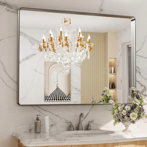 Vista 9 de LOAAO - Espejo de tocador para baño con marco de metal negro mate de 48 x 32 pulgadas para pared, rectangular, grande, redondeado, anticorrosión