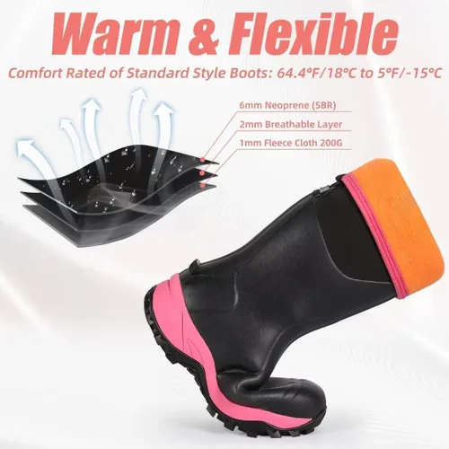 Vista 4 de D DRYCODE Botas de goma para mujer con vástago de acero, botas de lluvia cálidas de neopreno de 0.236 pulgadas (0.236 in), botas de lluvia cálidas e