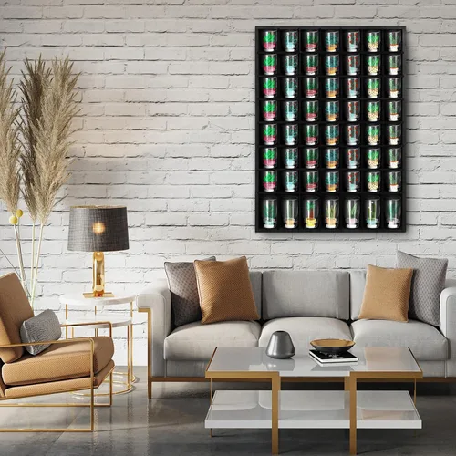 Vista 2 de Barydat Vitrina de vidrio de chupito de madera, 56 compartimentos, armario de bar rústico montado en la pared (negro, 1 unidad)