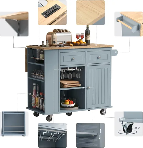 Vista 92 de LUMISOL Carrito de isla de cocina con ruedas de bloqueo con 2 cajones y 4 gabinetes, isla de cocina rodante con estantes ajustables, mesa de madera