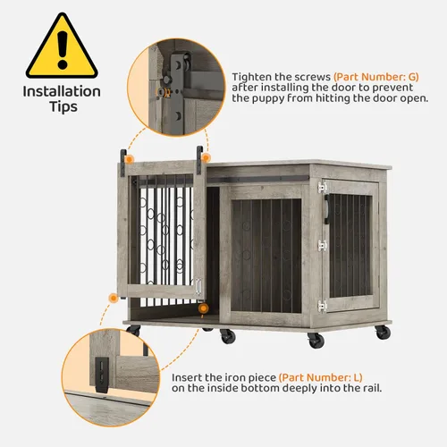 Vista 7 de IchbinGo Mueble de jaula grande para perros con puerta corrediza de granero, mesa auxiliar de madera de 43.7 pulgadas con ruedas y placa abatible