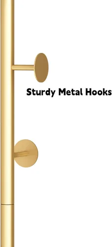 Vista 6 de Percheros de metal dorado, perchero de pie con base pesada, moderno árbol de abrigo con barra transversal y 3 ganchos, percheros de entrada