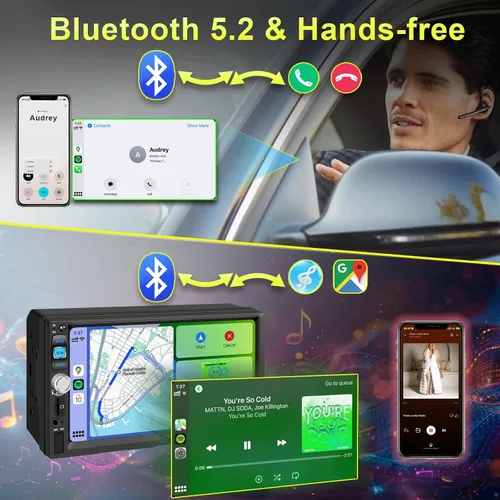 Vista 4 de Apple CarPlay inalámbrico y Android Auto, estéreo de coche doble DIN - Pantalla táctil IPS de 7", 1024*600, radio de coche FM, Bluetooth 5.2, 180W