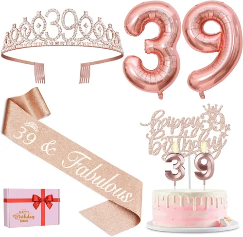 Vista 51 de Decoraciones de cumpleaños número 17 para niña, incluyendo tiara y banda de cumpleaños de 17, decoración para pastel y velas, globos de números