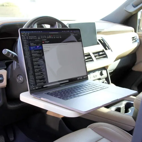 Vista 2 de Limitless RoadWarrior - Bandeja de comida de coche 2 en 1 de doble cara y escritorio para volante, para laptops, tabletas, escritura y comedor Negro