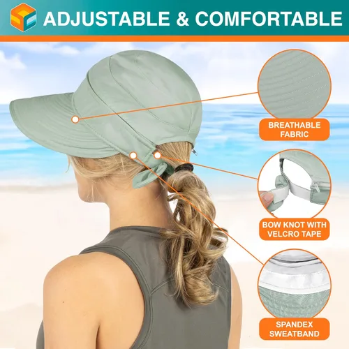 Vista 25 de SUN CUBE Sombrero de sol para mujer para protección UV al aire libre, sombrero de sol de ala ancha, cola de caballo, sombrero de playa convertible