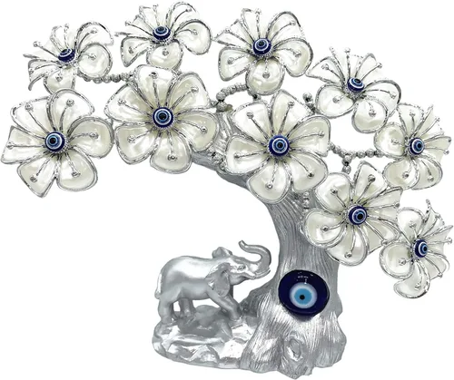 Vista 8 de Blue Evil Eye Turkish Nazar Lucky Forutne Tree Bonsái con elefante decoración de oficina en casa (plata-azul)