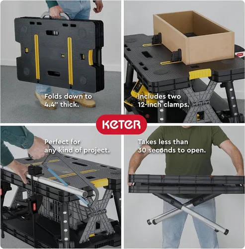 Vista 3 de Keter Mesa de trabajo plegable, banco de trabajo portátil con abrazaderas de 12 pulgadas para garaje/taller de madera, resistente y para todo tipo