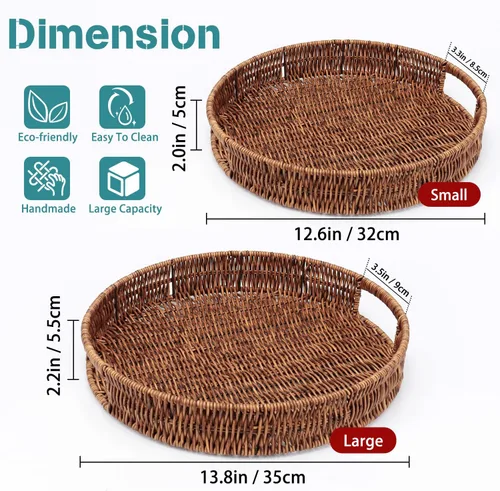 Vista 2 de Bandeja de mesa auxiliar, paquete de 2 cestas tejidas de ratán multifuncional, bandeja redonda para servir con asas, bandejas decorativas
