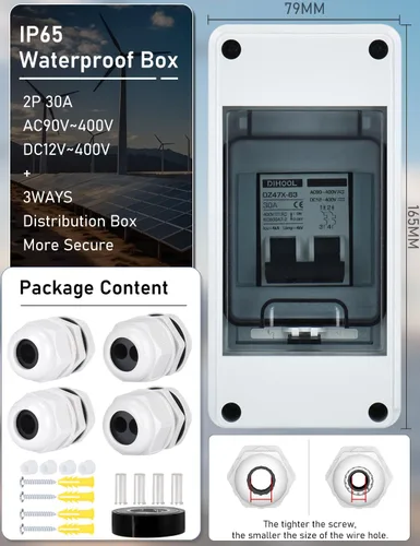 Vista 4 de DIHOOL Interruptor de Desconexión de Panel Solar con Caja DIN IP65, 30 Amperios Doble Polo 12V-400V, Disyuntor en Miniatura AC DC No Polarizado