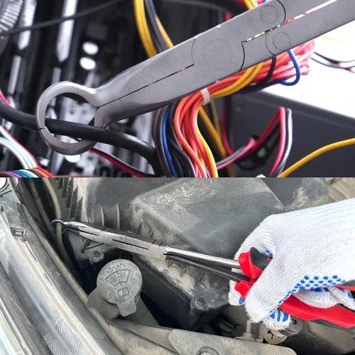 Vista 3 de Juego de 3 piezas de alicates de punta extra larga para agarre de manguera, 13" de longitud, alicates para bujías XL, alicates de punta pivotante