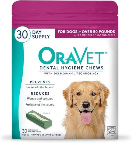 Vista 10 de ORAVET Masticables dentales para perros, masticables para cuidado oral e higiene (perros grandes, más de 50 libras) Bolsa rosa, 14