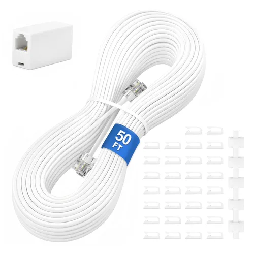 Vista 10 de Uvital Cable de extensión de teléfono de 15 pies, acoplador RJ11 y clips de Negro