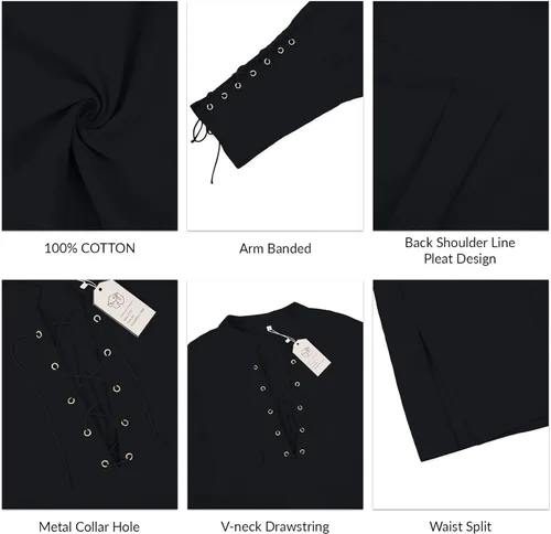 Vista 5 de Camisa de algodón y lino para hombre, con cordón en el brazo, medieval, vikingo, pirata, renacentista, disfraz de Halloween