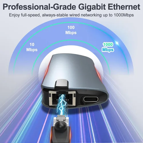 Vista 4 de Adaptador Ethernet de concentrador USB C 8 en 1 con HDMI 4K a 60Hz, carga PD de 100 W, 3 puertos USB 3.0, RJ45 de 1 Gbps, lector de tarjetas SD/TF