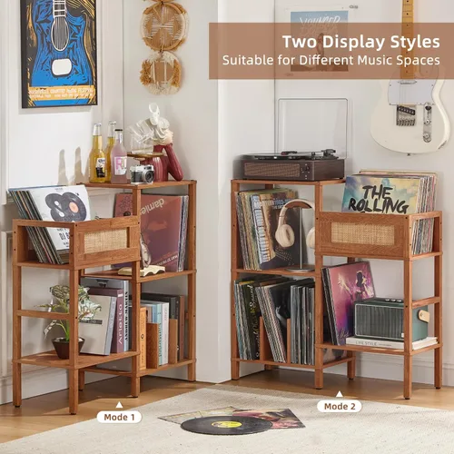 Vista 5 de LELELINKY Soporte para Tocadiscos, Soporte para Discos de Madera Marrón con Almacenamiento de Vinilo con Capacidad para hasta 300+ Álbumes, Mesa