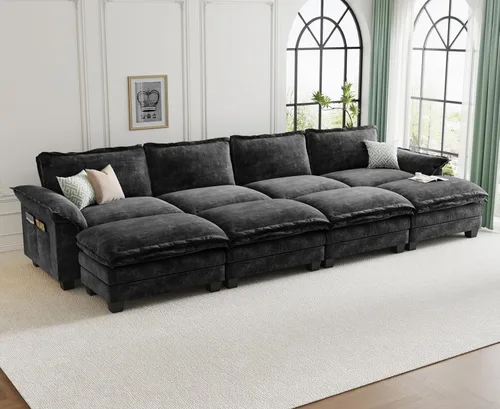 Vista 57 de KKL Sofá cama modular seccional, sofá de nube de 4 plazas con otomana, sofás seccionales de felpilla para sala de estar, apartamento, beige