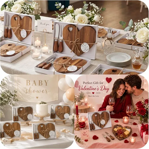 Vista 7 de Patelai 1 Juego de Tabla de Queso en Forma de Corazón para Despedida de Soltera y Baby Shower con Cuchillo, Tabla Mini de Madera para Charcutería