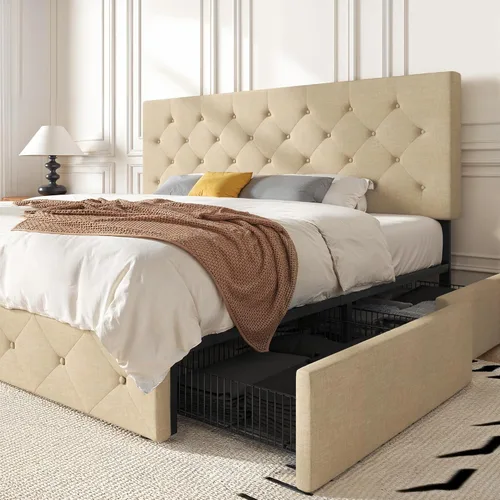 Vista 107 de HOOMIC Base de cama de almacenamiento de plataforma de tamaño matrimonial con 4 cajones y cabecera ajustable, listones de madera, no necesita