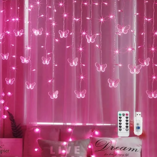 Vista 12 de Luces de Cortina de Mariposa, 60 LEDs 8 Modos Luces de Cortina de Hadas en Cadena, 8.2 pies x 1.9 pies Luces Estrelladas Centelleantes con Control