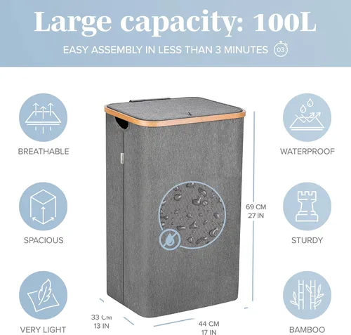 Vista 6 de Cesta de lavandería gris con tapa – XL 100 L – Cestas grandes para lavandería con asas – Contenedor alto de bambú para ropa sucia Cesta de papel