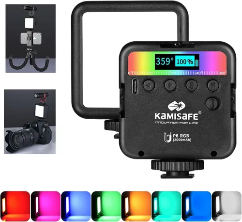 Luces de video RGB Iluminación de fotografía - Mini luz LED para cámara con 3 soportes de zapata fría 360 a todo color, CRI95+ 2500-9000K lámpara de