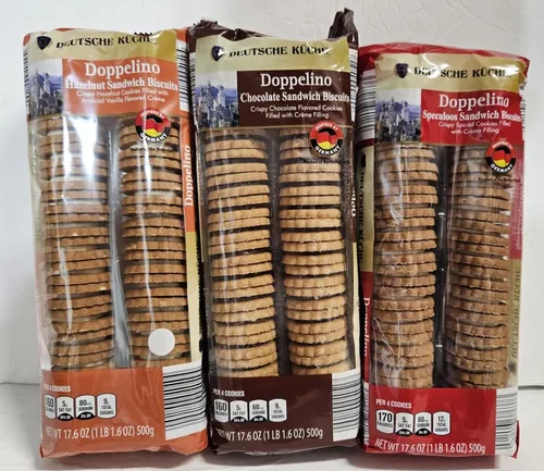 Deutsche Kuche Doppelino - Galletas sándwich con sabor a limón, galletas sándwich de chocolate y galletas de sándwich de avellana, 17.6 onzas, 17.64