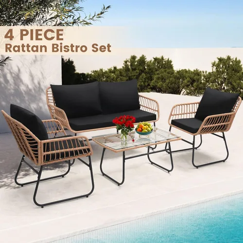 Vista 3 de Kromax juego de 3 piezas de muebles de ratán para patio, juego de mimbre para conversación en estilo bistró, muebles de exterior resistentes a