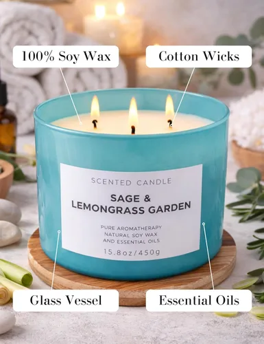 Vista 5 de Sage Lemongrass Garden - Vela perfumada de jardín Velas de soja grandes de 3 mechas para el hogar de 15.8 onzas Vela cítrica a base de hierbas