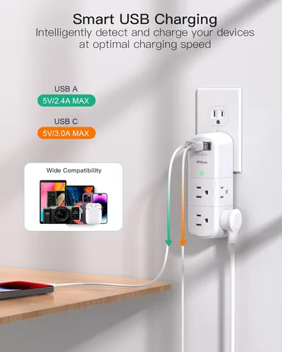 Vista 3 de PD20W - Extensor de salida USB, con enchufe giratorio, 6 enchufes múltiples de CA y 3 puertos USB (2 C), divisor espaciado de regleta giratoria de 3