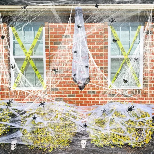 Vista 2 de Decoraciones de telarañas de Halloween de 200 pies cuadrados con 10 arañas falsas extra, telarañas súper elásticas para decoración de Halloween