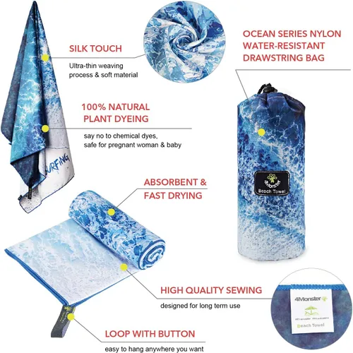 Vista 131 de 4Monster Toalla de playa de microfibra de secado rápido, toalla de viaje ligera súper absorbente para nadadores, toalla de camping sin arena
