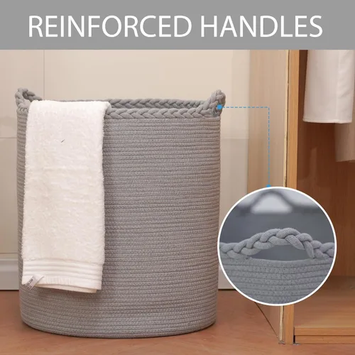 Vista 2 de Cesta de lavandería tejida de gran tamaño de 90 litros, cesta de lavandería alta de algodón para mantas, ropa, almohadas, juguetes, zapatos, cubo