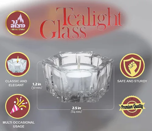 Vista 2 de Ner Mitzvah Portavelas con velas de té – Paquete de 2 portavelas de cristal – Se adapta a todas las velas de té de tamaño estándar