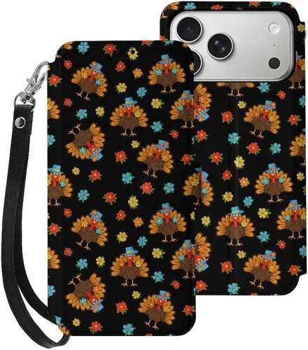 Vista 9 de SWEET TANG Compatible with iPhone 17 Pro Wallet Case Women PU Leather Shockproof Protective Folio Flip Cover (Cute Thanksgiving Turkey Maple Leaf)