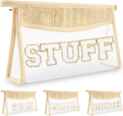 Vista 27 de izuzta Bolsa de maquillaje transparente boho para mujeres y niñas, Beige, Piel
