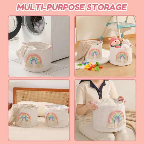 Vista 6 de INough Cestas de almacenamiento de juguetes cesta de almacenamiento de cuerda de algodón tejida con decoración de arco iris para niños, cestas