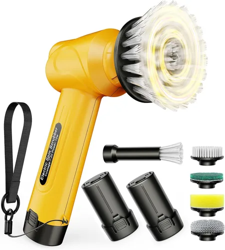 Vista 7 de Qimedo Cepillo Giratorio de Mano con Mango Largo Extendido, Cepillo Eléctrico Recargable para Limpieza, Cepillo Inalámbrico para Platos con 6