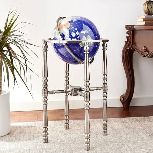 Vista 4 de Unique Art - Globo del mundo de lapislázuli azul de 36 x 13 pulgadas con soporte plateado de 4 patas