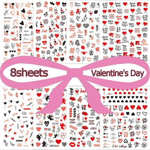 Vista 6 de Calcomanías de arte de uñas de San Valentín, 8 hojas autoadhesivas 3D de corazón rojo y negro, calcomanías de uñas para el día de San Valentín