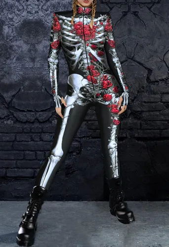 Vista 2 de Fixmatti Disfraz de fiesta de Halloween para mujer, traje de manga larga con estampado de calavera