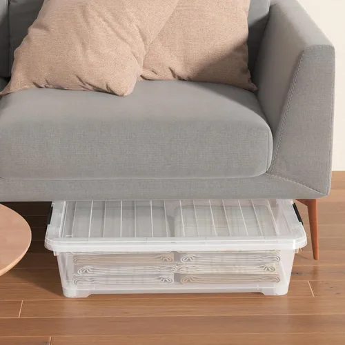 Vista 7 de Caja transparente apilable para debajo de la cama, 40 cuartos de galón, contenedores poco profundos para debajo de la cama con ruedas, juego de 3