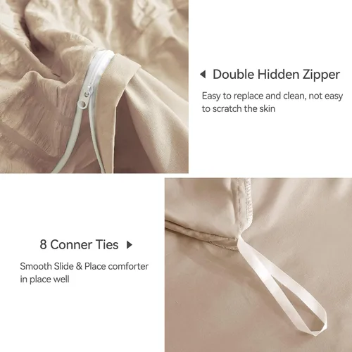 Vista 5 de JELLYMONI Funda de Edredón Color Caqui Tamaño King, Juego de Ropa de Cama de Microfibra Lavada de 3 Piezas, Juego de Funda de Edredón de Seersucker
