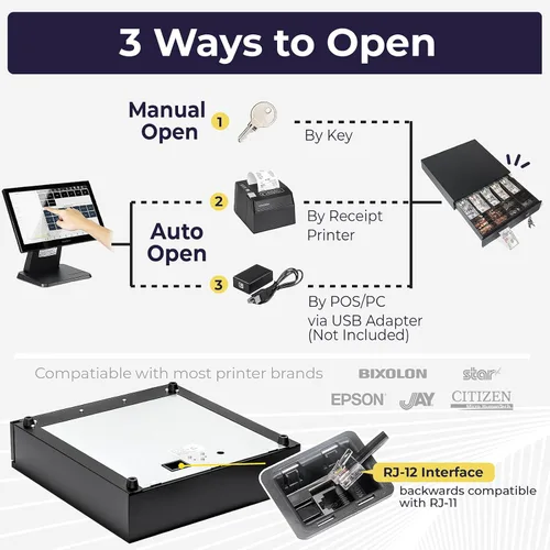 Vista 4 de Volcora Cajón electrónico de caja registradora para sistema de punto de venta (POS), 5 billetes/8 monedas, 16" con ranuras ajustables para monedas